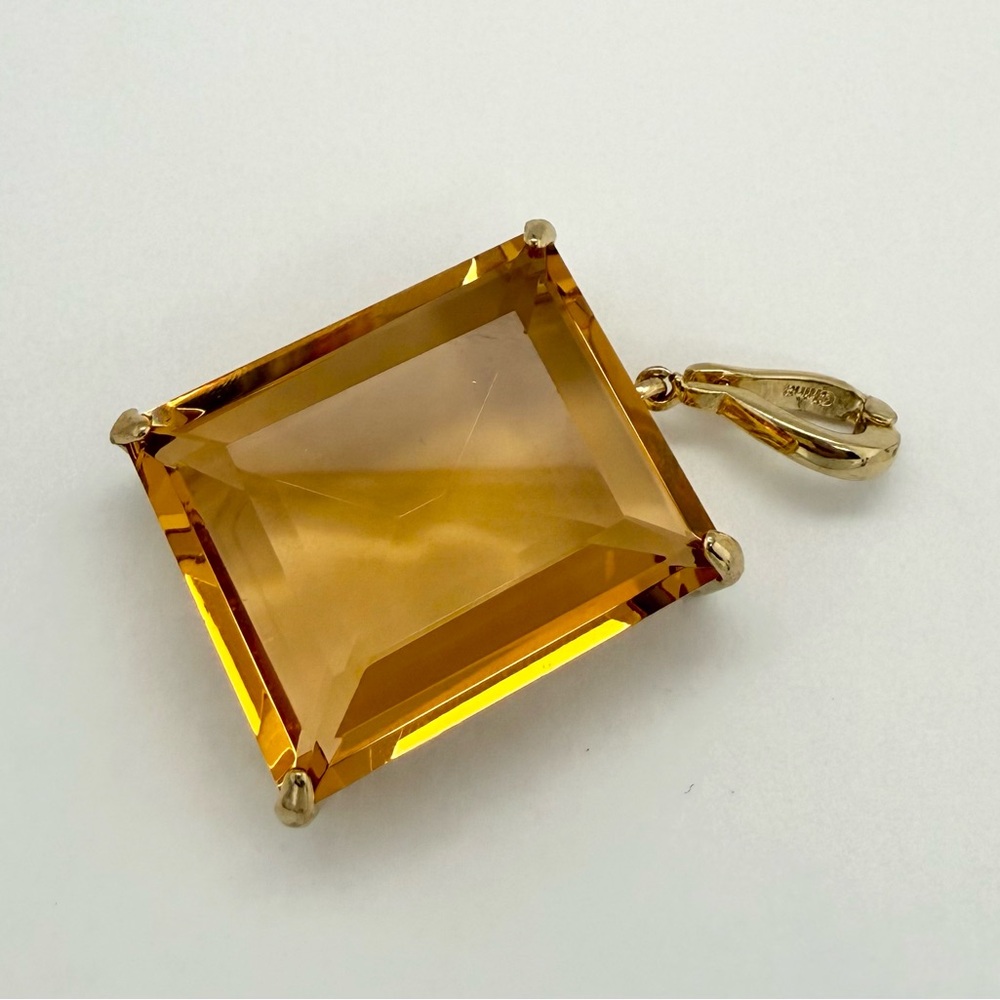 Vintage HUGE 30x25mm Citrine Glass Rhinestone Emerald Cut Pendant Gold Plated